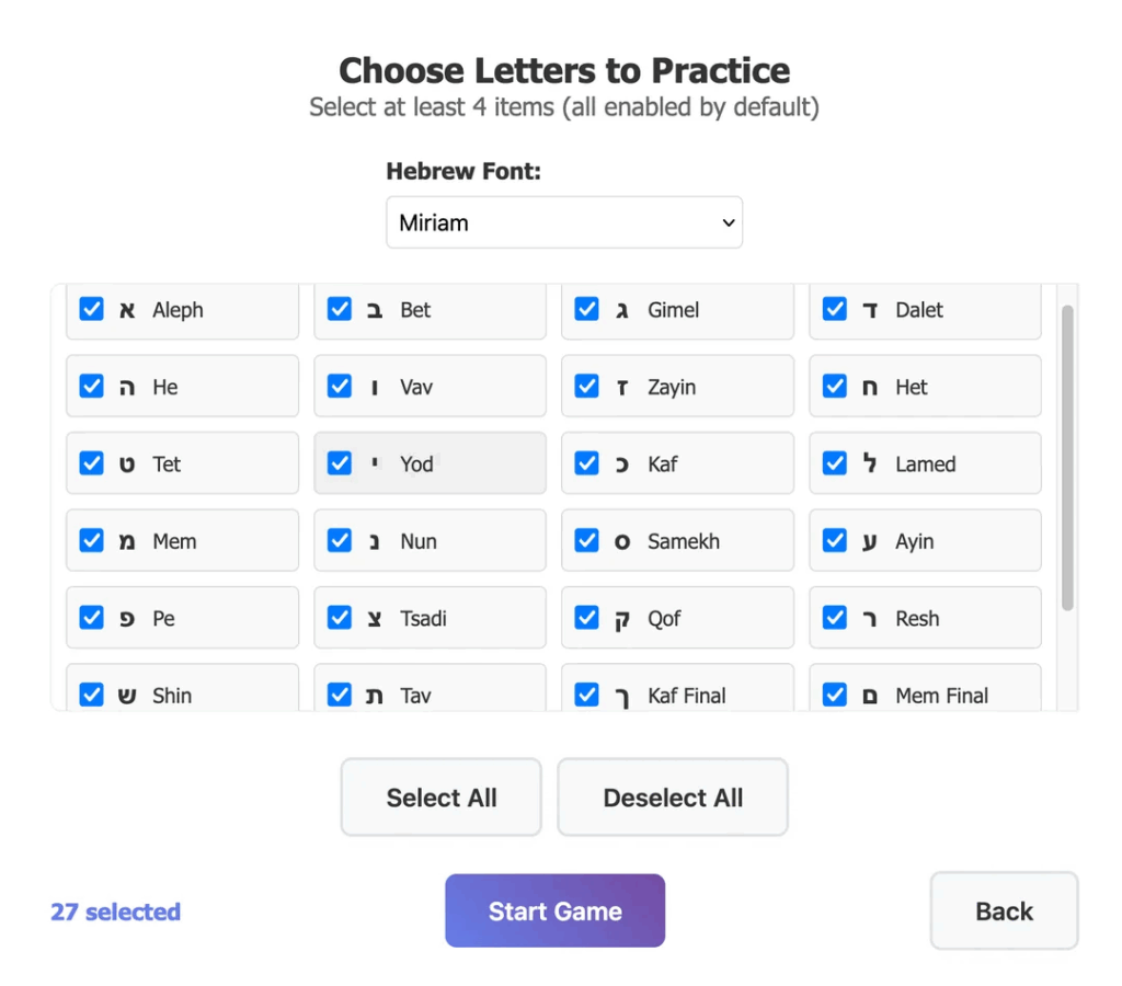 Hebrew Alphabet List